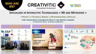 WHO ARE
WE?
SPECIALIZED IN INTERACTIVE TECHNOLOGIES < XR AND METAVERSE >
1 PATENT | 3 TECHNICAL BOOKS | +30 INTERNATIONAL ARTICLES
4 KEY INNOVATIONS IN AUGMENTED REALITY AND DEEPER LEARNING
(BY INNOVATION RADAR - EUROPEAN COMMISSION)
2012/15 2021/23
2017/19
 