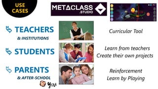 USE
CASES
 TEACHERS
& INSTITUTIONS
 STUDENTS
 PARENTS
& AFTER-SCHOOL
 