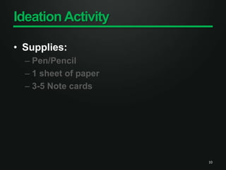 Ideation ActivitySupplies:Pen/Pencil1 sheet of paper3-5 Note cards10