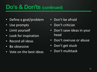 Do’s & Don'ts (continued)Define a goal/problemUse promptsLimit yourselfLook for inspirationRecord all ideasBe obsessiveVote on the best ideasDon’t be afraidDon’t criticize Don’t save ideas in your headDon’t overuse or abuseDon’t get stuckDon’t multitask15