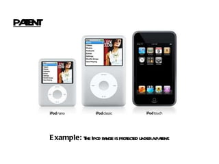 Example:  The Ipod range is protected under a patent. PATENT 