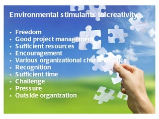 Environmental stimulants to creativity Freedom Good project management Sufficient resources Encouragement Various organizational characteristics Recognition Sufficient time Challenge Pressure Outside organization 