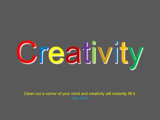 Creativity
Clean out a corner of your mind and creativity will instantly fill it.
                              Dee Hock
 