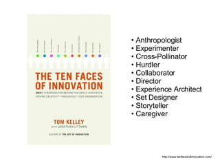 Anthropologist Experimenter Cross-Pollinator Hurdler Collaborator Director Experience Architect Set Designer Storyteller Caregiver http://www.tenfacesofinnovation.com/ 