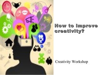 How to improve
                                      creativity?




                                      Creativity Workshop
Now We’re Talking! Tool Kit                     PowerPoint Presentation /C.1
©Alberta Education, Alberta, Canada                                    2006
 