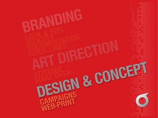 GUIDE LINESDOCUMENTATION
IDENTITYLOOK & FEEL
ATTITUDE
MAKE OVER
ART DIRECTION
BRANDING
CAMPAIGNS
WEB-PRINT
DESIGN & CONCEPT
 