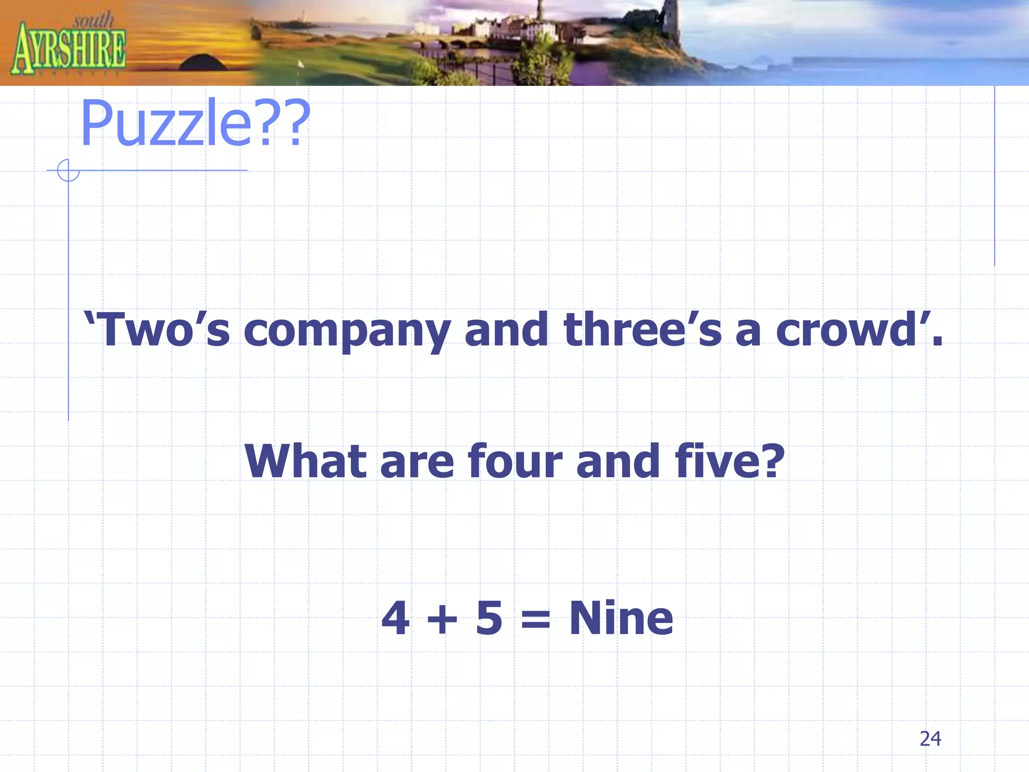 24 
Puzzle?? 
‘Two’s company and three’s a crowd’. 
What are four and five? 
4 + 5 = Nine 
 
