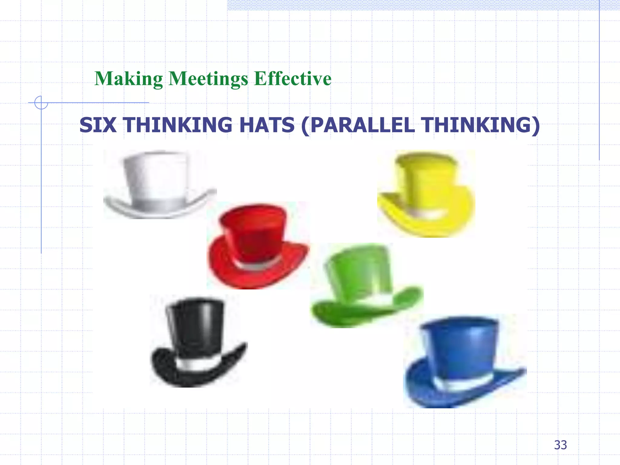 33 
Making Meetings Effective 
SIX THINKING HATS (PARALLEL THINKING) 
 