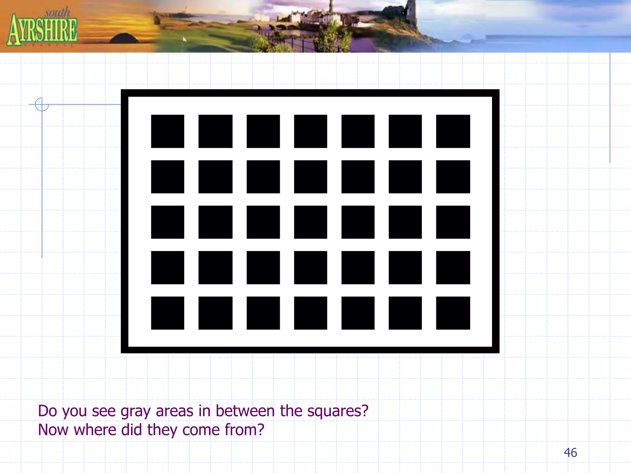 46 
Do you see gray areas in between the squares? 
Now where did they come from? 
 