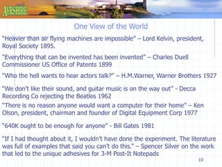 One View of the World 
“Heavier than air flying machines are impossible” – Lord Kelvin, president, 
Royal Society 1895. 
“Who the hell wants to hear actors talk?” – H.M.Warner, Warner Brothers 1927 
“There is no reason anyone would want a computer for their home” – Ken 
Olson, president, chairman and founder of Digital Equipment Corp 1977 
10 
“Everything that can be invented has been invented” – Charles Duell 
Commissioner US Office of Patents 1899 
“We don’t like their sound, and guitar music is on the way out” - Decca 
Recording Co rejecting the Beatles 1962 
“640K ought to be enough for anyone” - Bill Gates 1981 
“If I had thought about it, I wouldn’t have done the experiment. The literature 
was full of examples that said you can’t do this.” – Spencer Silver on the work 
that led to the unique adhesives for 3-M Post-It Notepads 
 