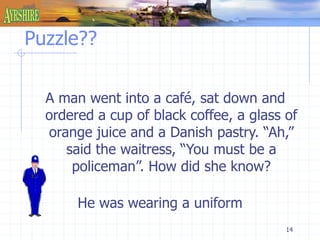 14 
Puzzle?? 
A man went into a café, sat down and 
ordered a cup of black coffee, a glass of 
orange juice and a Danish pastry. “Ah,” 
said the waitress, “You must be a 
policeman”. How did she know? 
He was wearing a uniform 
 