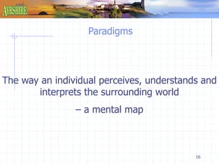 Paradigms 
The way an individual perceives, understands and 
16 
interprets the surrounding world 
– a mental map 
 