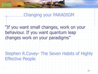 17 
Changing your PARADIGM 
“If you want small changes, work on your 
behaviour. If you want quantum leap 
changes work on your paradigms” 
Stephen R.Covey- The Seven Habits of Highly 
Effective People 
 