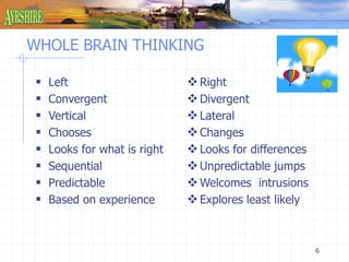 6 
WHOLE BRAIN THINKING 
 Left 
 Convergent 
 Vertical 
 Chooses 
 Looks for what is right 
 Sequential 
 Predictable 
 Based on experience 
 Right 
 Divergent 
 Lateral 
 Changes 
 Looks for differences 
Unpredictable jumps 
Welcomes intrusions 
 Explores least likely 
 