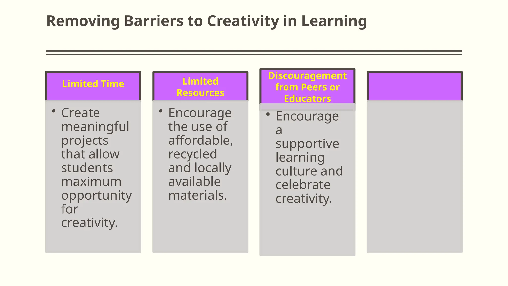 Removing Barriers to Creativity in Learning
Limited Time
• Create
meaningful
projects
that allow
students
maximum
opportunity
for
creativity.
Limited
Resources
• Encourage
the use of
affordable,
recycled
and locally
available
materials.
Discouragement
from Peers or
Educators
• Encourage
a
supportive
learning
culture and
celebrate
creativity.
 