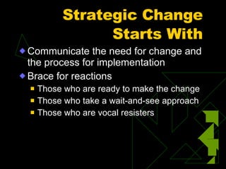Strategic Change Starts With Communicate the need for change and the process for implementation Brace for reactions Those who are ready to make the change Those who take a wait-and-see approach Those who are vocal resisters 
