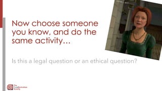 Now choose someone
you know, and do the
same activity…
Is this a legal question or an ethical question?
 