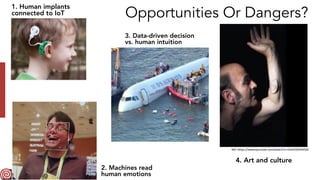 Opportunities Or Dangers?
1. Human implants
 
connected to IoT
3. Data-driven decision
 
vs. human intuition
4. Art and culture
Ref:	https://www.youtube.com/watch?v=EaHh50PHN5M
2. Machines read
 
human emotions
 