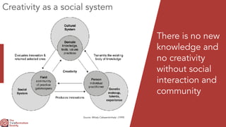 There is no new
knowledge and
no creativity
without social
interaction and
community
Source: Mihaly Csikszentmihalyi (1999)
Creativity as a social system
 