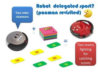 Robot delegated sport?
Two robo-   (pacman revisited)
cleanears




                           Two teams
                            fighting
                               for
                            catching
                             scores
 