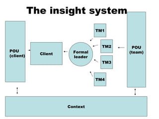 The insight system Client TM2 TM3 TM1 TM4 POU (team) POU (client) Formal leader Context 