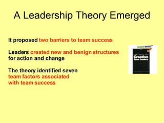 A Leadership Theory Emerged It proposed  two barriers to team success Leaders  created new and benign structures   for action and change The theory identified seven  team factors associated with team success 