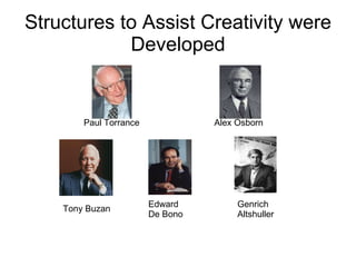 Structures to Assist Creativity were Developed Paul Torrance Alex Osborn Tony Buzan Edward De Bono Genrich Altshuller 