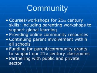 Community  Courses/workshops for 21 st  century skills; including parenting workshops to support global learning  Providing online community resources Continuing parent involvement within all schools Funding for parent/community grants to support our 21 st  century classrooms Partnering with public and private sector 