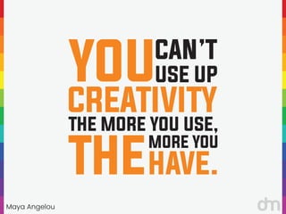 Maya Angelou
“
“
YOU
CREATIVITY
CAN’T
THE MORE YOU USE,
MORE YOU
HAVE.
THE
USE UP
 