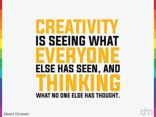 Albert Einstein
“
“
CREATIVITY
IS SEEING
THINKING
EVERYONE
WHAT
ELSE HAS SEEN, AND
WHAT NO ONE ELSE HAS THOUGHT.
 