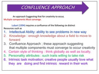 CONFLUENCE APPROACH
An approach Suggesting that for creativity to occur,
Multiple components Must converge.
Lubart (1994) requires a confluence of the following six distinct
Resources such as
1. Intellectual Ability: ability to see problems in new way
2. Knowledge : enough knowledge about a field to move to
forward
3. Confluence Approach ; these approach suggesting
that multiple components must converge to occur creativity
4. Certain style of thinking : think globally as well as locally.
5. Personality attributes : such traits willing to take risk
6. Intrinsic task motivation; creative people usually love what
they are doing and find intrinsic reward in their work
 