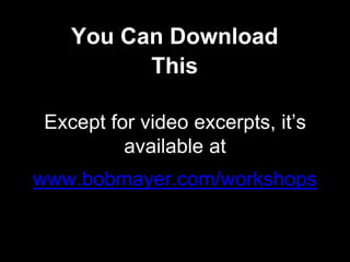 Except for video excerpts, it’s
available at
www.bobmayer.com/workshops
You Can Download
This
 