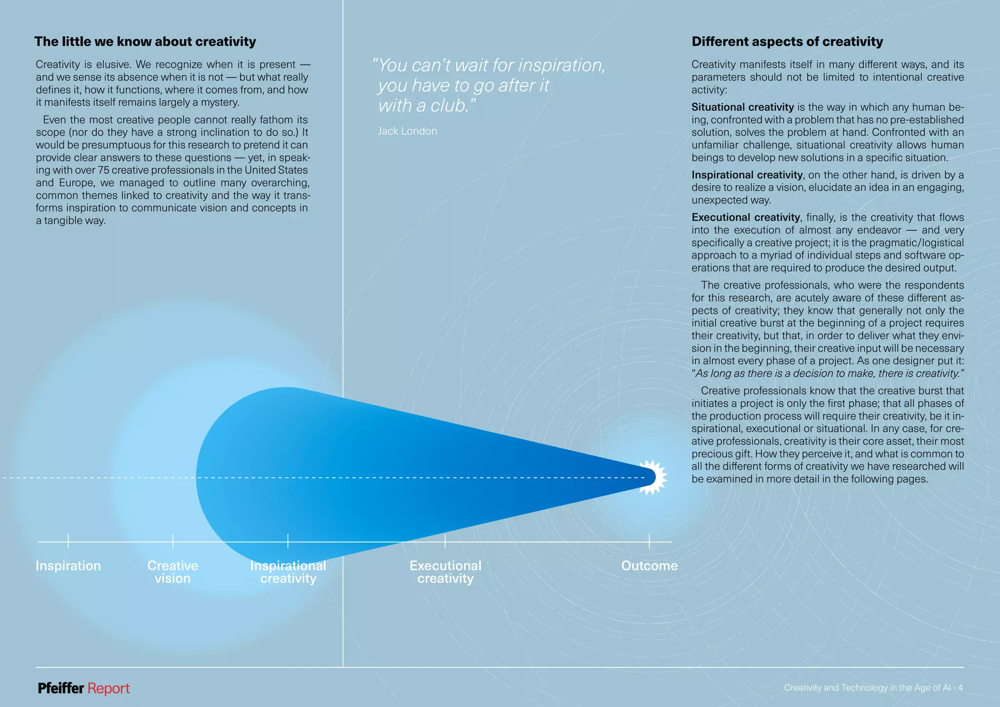 Creativity and Technology in the Age of AI - 4
Inspiration Creative
vision
Inspirational
creativity
Executional
creativity
Outcome
The little we know about creativity
Creativity is elusive. We recognize when it is present —
and we sense its absence when it is not — but what really
defines it, how it functions, where it comes from, and how
it manifests itself remains largely a mystery.
Even the most creative people cannot really fathom its
scope (nor do they have a strong inclination to do so.) It
would be presumptuous for this research to pretend it can
provide clear answers to these questions — yet, in speak-
ing with over 75 creative professionals in the United States
and Europe, we managed to outline many overarching,
common themes linked to creativity and the way it trans-
forms inspiration to communicate vision and concepts in
a tangible way.
”You can’t wait for inspiration,
you have to go after it
with a club.”
Jack London
Different aspects of creativity
Creativity manifests itself in many different ways, and its
parameters should not be limited to intentional creative
activity:
Situational creativity is the way in which any human be-
ing, confronted with a problem that has no pre-established
solution, solves the problem at hand. Confronted with an
unfamiliar challenge, situational creativity allows human
beings to develop new solutions in a specific situation.
Inspirational creativity, on the other hand, is driven by a
desire to realize a vision, elucidate an idea in an engaging,
unexpected way.
Executional creativity, finally, is the creativity that flows
into the execution of almost any endeavor — and very
specifically a creative project; it is the pragmatic/logistical
approach to a myriad of individual steps and software op-
erations that are required to produce the desired output.
The creative professionals, who were the respondents
for this research, are acutely aware of these different as-
pects of creativity; they know that generally not only the
initial creative burst at the beginning of a project requires
their creativity, but that, in order to deliver what they envi-
sion in the beginning, their creative input will be necessary
in almost every phase of a project. As one designer put it:
“As long as there is a decision to make, there is creativity.”
Creative professionals know that the creative burst that
initiates a project is only the first phase; that all phases of
the production process will require their creativity, be it in-
spirational, executional or situational. In any case, for cre-
ative professionals, creativity is their core asset, their most
precious gift. How they perceive it, and what is common to
all the different forms of creativity we have researched will
be examined in more detail in the following pages.
 