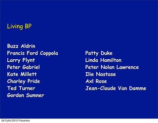 Living BP


    Buzz Aldrin
    Francis Ford Coppola   Patty Duke
    Larry Flynt            Linda Hamilton
    Peter Gabriel          Peter Nolan Lawrence
    Kate Millett           Ilie Nastase
    Charley Pride          Axl Rose
    Ted Turner             Jean-Claude Van Damme
    Gordon Sumner



06 Eylül 2010 Pazartesi
 