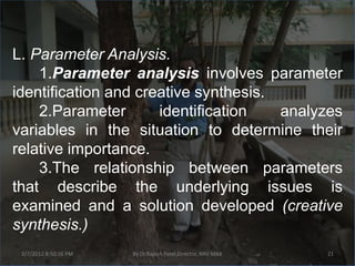 L. Parameter Analysis.
    1.Parameter analysis involves parameter
identification and creative synthesis.
    2.Parameter       identification   analyzes
variables in the situation to determine their
relative importance.
    3.The relationship between parameters
that describe the underlying issues is
examined and a solution developed (creative
synthesis.)
 3/7/2012 8:50:16 PM   By Dr.Rajesh Patel,Director, NRV MBA   21
 