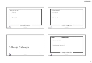 12/06/2017
14
Creativity & Change Cards
© 2017 ISC Ltd. 53
• What did it look like…
• …5 years ago?
• …10 years ago?
Creativity & Change Cards
© 2017 ISC Ltd. 54
• What did it look like…
• …25 years ago?
• …50 years ago?
5 Change Challenges
© 2017 ISC Ltd. 55
Creativity & Change Cards
© 2017 ISC Ltd. 56
• For this [……………………….] proposed change…
• Why do we have to do it?
• What would happen if we didn’t do it?
 