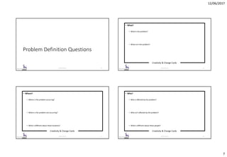 12/06/2017
7
Problem Definition Questions
© 2017 ISC Ltd. 25
Creativity & Change Cards
© 2017 ISC Ltd. 26
• What?
• What is the problem?
• What isn’t the problem?
Creativity & Change Cards
© 2017 ISC Ltd. 27
• Where?
• Where is the problem occurring?
• Where is the problem not occurring?
• What is different about these locations?
Creativity & Change Cards
© 2017 ISC Ltd. 28
• Who?
• Who is affected by the problem?
• Who isn’t affected by the problem?
• What is different about these people?
 