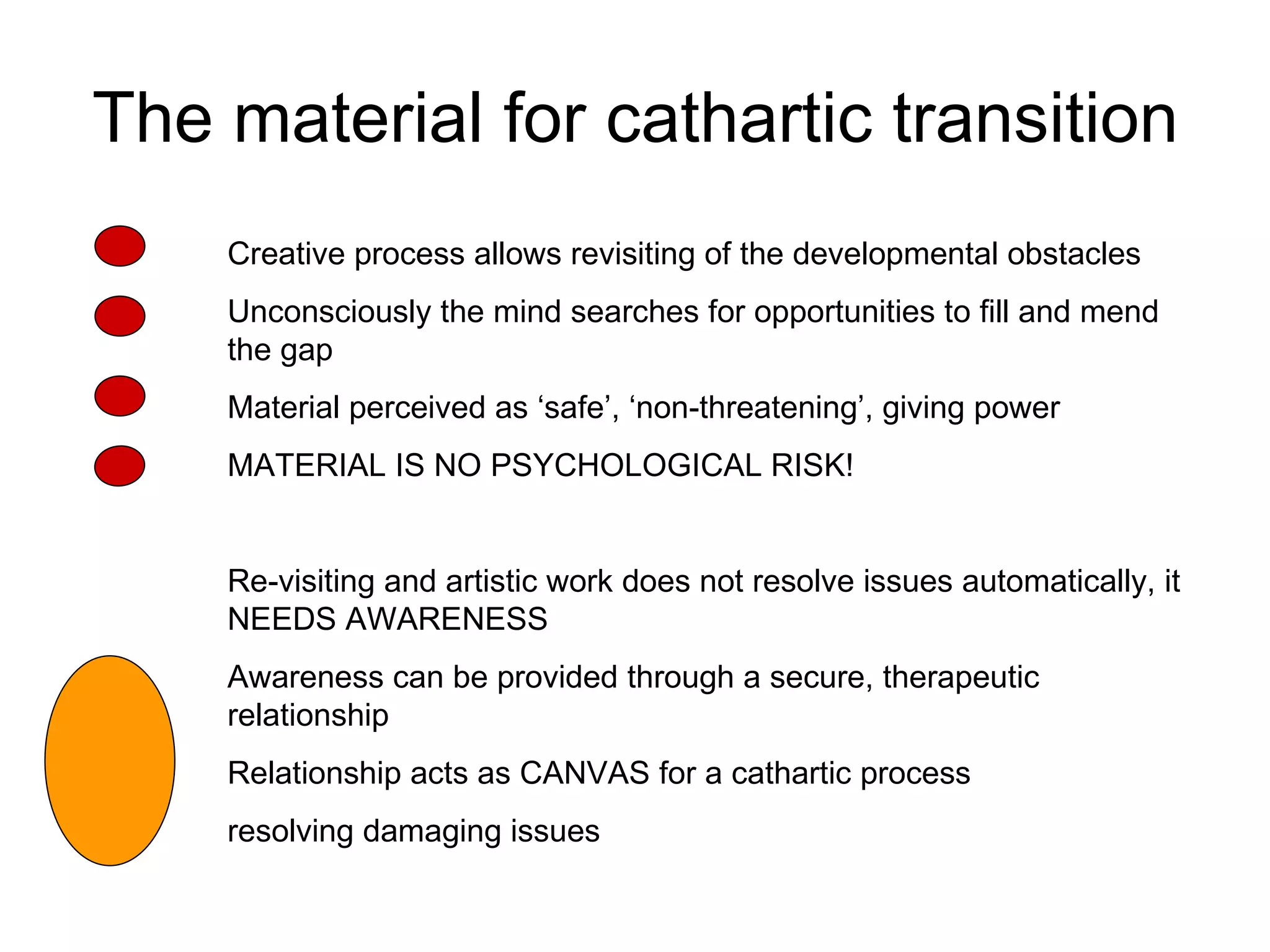 The material for cathartic transition Creative process allows revisiting of the developmental obstacles Unconsciously the mind searches for opportunities to fill and mend the gap Material perceived as ‘safe’, ‘non-threatening’, giving power MATERIAL IS NO PSYCHOLOGICAL RISK! Re-visiting and artistic work does not resolve issues automatically, it NEEDS AWARENESS Awareness can be provided through a secure, therapeutic relationship  Relationship acts as CANVAS for a cathartic process resolving damaging issues  