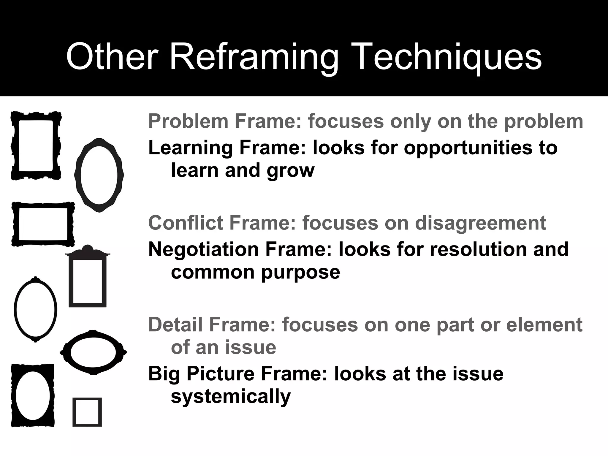 Other Reframing Techniques Problem Frame: focuses only on the problem Learning Frame: looks for opportunities to learn and grow Conflict Frame: focuses on disagreement Negotiation Frame: looks for resolution and common purpose Detail Frame: focuses on one part or element of an issue Big Picture Frame: looks at the issue systemically 