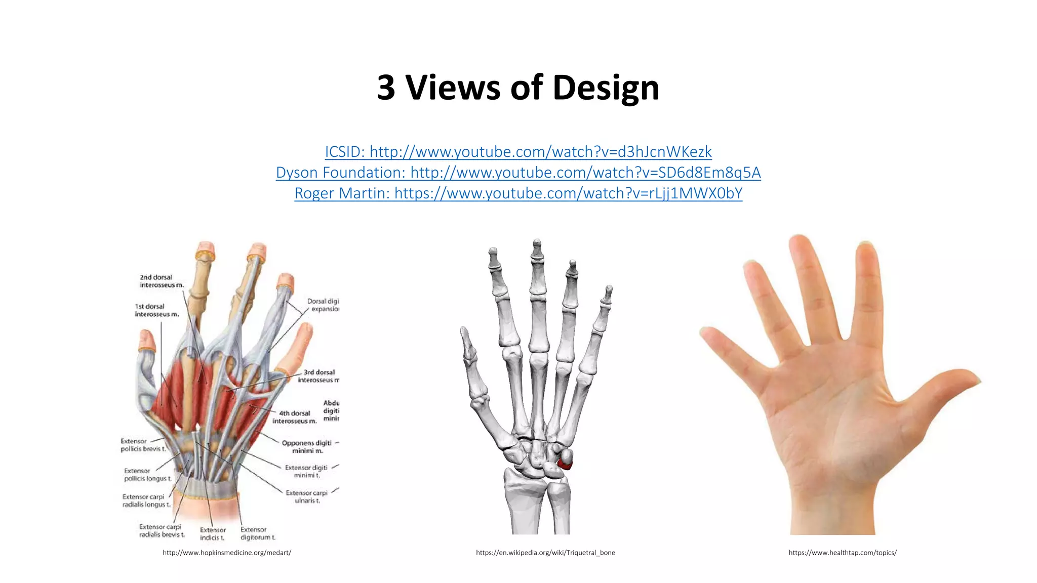 3 Views of Design
ICSID: http://www.youtube.com/watch?v=d3hJcnWKezk
Dyson Foundation: http://www.youtube.com/watch?v=SD6d8Em8q5A
Roger Martin: https://www.youtube.com/watch?v=rLjj1MWX0bY
http://www.hopkinsmedicine.org/medart/ https://en.wikipedia.org/wiki/Triquetral_bone https://www.healthtap.com/topics/
 