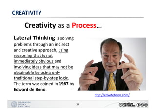MANUALDENORMASGRÁFICAS|09
LOGÓTIPO HORIZONTAL
39
CREATIVITY
Creativity as	a	Process...
Lateral	Thinking	is	solving	
problems	through	an	indirect	
and	creative	approach,	using	
reasoning	that	is	not	
immediately	obvious	and	
involving	ideas	that	may	not	be	
obtainable	by	using	only	
traditional	step-by-step	logic.	
The	term	was	coined	in	1967 by	
Edward	de	Bono.
http://edwdebono.com/
 