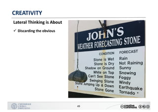 MANUALDENORMASGRÁFICAS|09
LOGÓTIPO HORIZONTAL
49
CREATIVITY
Lateral	Thinking	is	About
ü Discarding	the	obvious
 