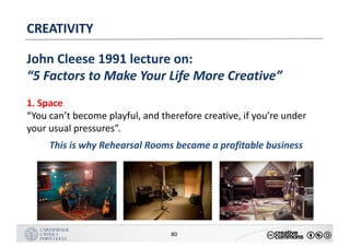 MANUALDENORMASGRÁFICAS|09
LOGÓTIPO HORIZONTAL
80
CREATIVITY
John	Cleese	1991	lecture	on:
“5	Factors	to	Make	Your	Life	More	Creative”
1.	Space
“You	can’t	become	playful,	and	therefore	creative,	if	you’re	under	
your	usual	pressures”.
This	is	why	Rehearsal	Rooms	became	a	profitable	business
 
