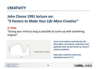MANUALDENORMASGRÁFICAS|09
LOGÓTIPO HORIZONTAL
84
CREATIVITY
John	Cleese	1991	lecture	on:
“5	Factors	to	Make	Your	Life	More	Creative”
3.	Time
“Giving	your	mind	as	long	as	possible	to	come	up	with	something	
original”.
Learn	to	be	patient	and	tolerate	the	
discomfort,	uncertainty,	indecision	and	
agitation	that	we	feel	while	we	haven't	
solved	a	problem.
Only	take	a	decision	when	you	
absolutely	have	to	!!!!
 