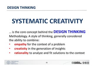 MANUALDENORMASGRÁFICAS|09
LOGÓTIPO HORIZONTAL
92
DESIGN	THINKING
SYSTEMATIC	CREATIVITY
…	is	the	core	concept	behind	the	DESIGN	THINKING	
Methodology.	A	style	of	thinking,	generally	considered	
the	ability	to	combine:
• empathy for	the	context	of	a	problem
• creativity in	the	generation	of	insights
• rationality to	analyze	and	fit	solutions	to	the	context
 