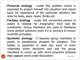 Prem Kumar Soni
 Personal analogy : under this problem solver is
expected to project himself into situation and report
back his experience of the particular situation like
what he feels, sees, hears, thinks etc.
 Fantasy analogy : under this concerned person is
asked to release his imagination from real life
constraints. Group members are used to fantasize
some perfect solutions even if it is contrary to known
scientific principles.
 Symbolic analogy : it requires group members to
poetic or paradoxical phrases for situation. The
leader is expected to take key word or even
undertake some decisions and ask the group
members to come up with short proactive phrases
that capture word under discussion. 14-08-201725
 