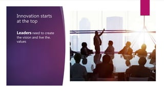 Innovation starts
at the top
Leaders need to create
the vision and live the.
values
 