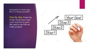 Innovation is never easy.
But it is always possible.
Step by step. Project by
Project Small ideas need
room and time to grow
We need to see that we
make progress
 