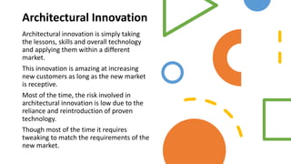Architectural Innovation
Architectural innovation is simply taking
the lessons, skills and overall technology
and applying them within a different
market.
This innovation is amazing at increasing
new customers as long as the new market
is receptive.
Most of the time, the risk involved in
architectural innovation is low due to the
reliance and reintroduction of proven
technology.
Though most of the time it requires
tweaking to match the requirements of the
new market.
 