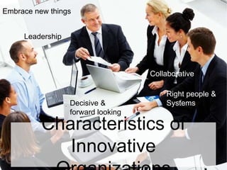 Characteristics of Innovative Organizations Embrace new things Decisive &  forward looking Collaborative Right people & Systems Leadership 